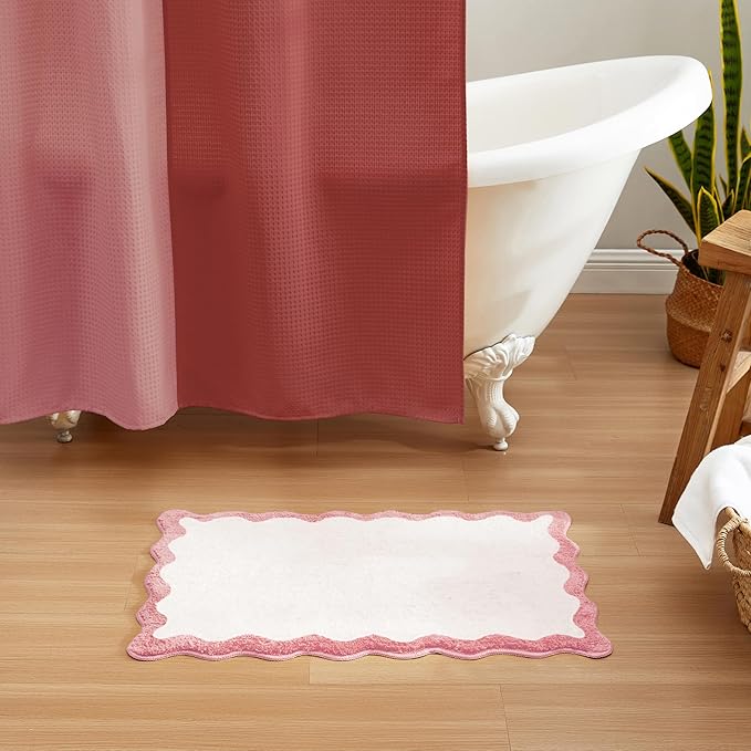 MONDAY MOOSE Bath Mat with Scalloped Wavy Ripple Design, Microfiber Absorbent Non Slip Tufted Rug for Floor, Shower or Kitchen (20x32 inch, Pink)