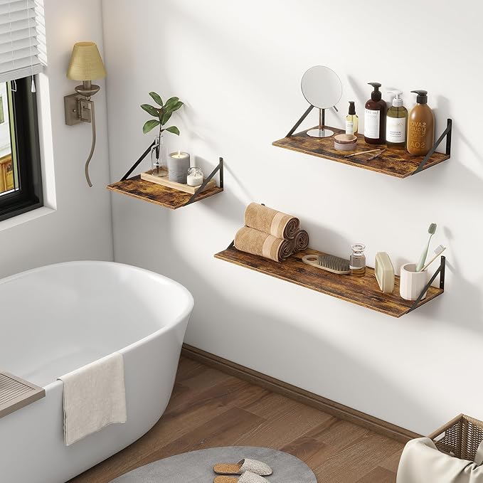 36"W x 12"D Floating Shelves, Deep Floating Shelves with Brackets, 12 Inch Deep Wall Shelves for Books, Wide Display Storage Shelves for Bathroom, Living Room, 36 Inch Long, Rustic Brown, Set of 2