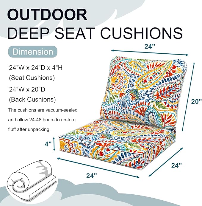 Outdoor Deep Seat Cushions Set 24 x 24 Inch for Patio Furniture,Water Resistant Chair Cushions Replacement Includes Seat Cushion & Back Pillow for Couch Sofa, Wicker Chair - Paisley Multi