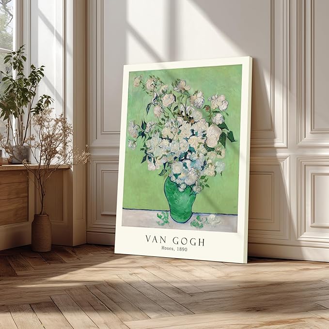 FASWQ Framed Monet Van Gogh William Morris Wall Art, Grass Botanical Wall Decor, Mid Century Impressionist Canvas Paintings, Modern Green Landscape Poster Print for Living Room Bedroom 12"x16"x3