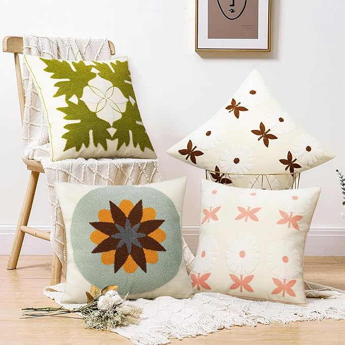 Merrycolor Boho Decorative Throw Pillow Covers 18x18 Embroidered Brown Flower Pillow Covers Textured Square Cushion Case Farmhouse Pillow Covers for Couch Bed,1PC, Beige