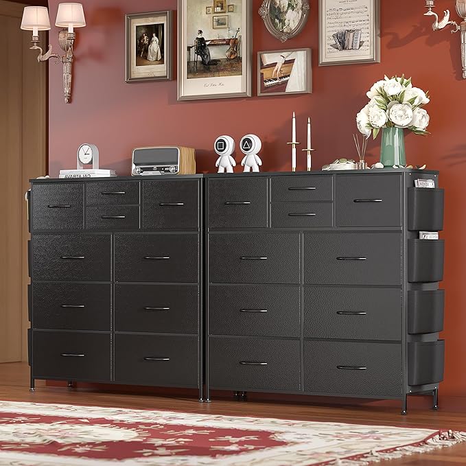 Lulive Dresser for Bedroom with 10 Drawers, Chest of Drawers with Side Pockets and Hooks, PU Storage Dresser, Organizer Unit for Living Room, Hallway, Closet (Black)