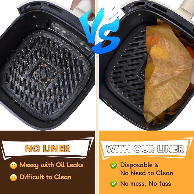 Air Fryer Liners Disposable,125Pcs 8Inch Airfryer Liners with Air Fryer Cheat Sheet Cooking Guide Booklet, Non-Stick Parchment Paper Square, Air Fryer Cookbooks Recipes