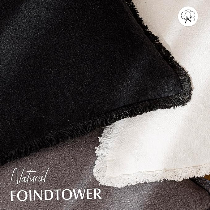 Foindtower Set of 2 Decorative Linen Fringe Throw Pillow Covers Boho Farmhouse Cushion Cover with Tassels Lumbar Accent Pillowcase for Bed Couch Sofa Living Room Home Bedroom Decor, 12×24 Inch, Black