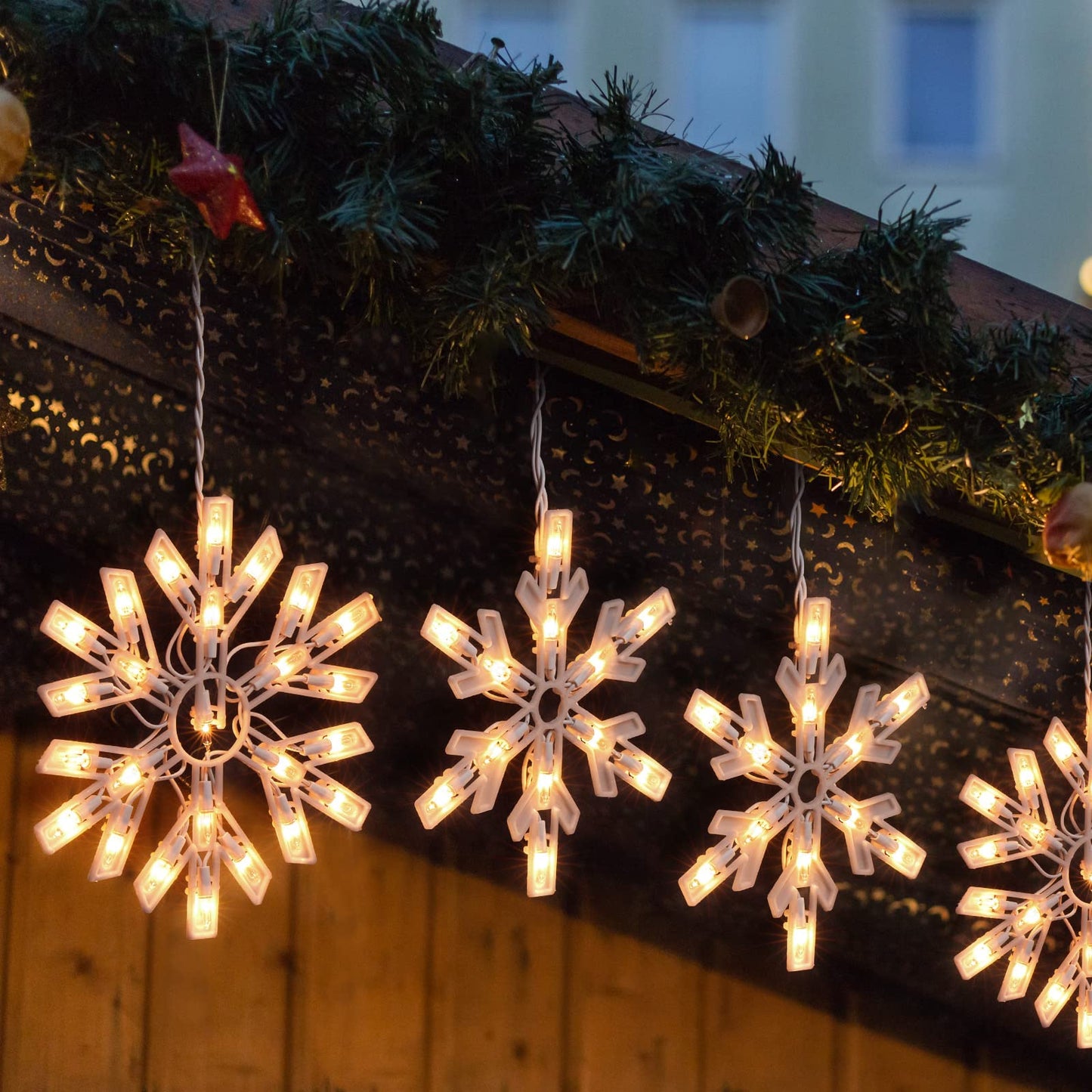 Minetom Snowflake Christmas String Lights with 6 Drops - 9ft 100 Mini Bulb Icicle Lights with Hooks, Plug-in Connectable Hanging Lights for Christmas Home Indoor Outdoor Wedding Holiday Décor