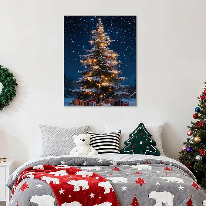 Framed Christmas Pictures Wall Decor,Vintage Pine Tree Prints,Winter Christmas Canvas Wall Art Decoration for Bedroom Bathroom Living Room Rustic Xmas Holiday Gifts (Christmas Tree 13, 24'' X 36'')