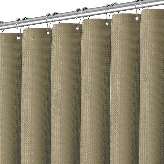 Taupe Fabric Shower Curtain for Bathroom Stall, 60 inche Waffle Weave Machine Washable Waterproof 256GSM Heavy Duty Weighted Bath Curtain Set with 10 Metal Hooks, 60Wx72H
