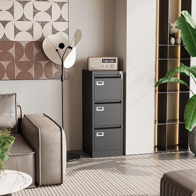 3 Drawer File Cabinet with Lock, Metal Filing Cabinets, Vertical Small Filing Cabinet Steel Lockable Storage Cabinets for Home Office to Organization Hanging Letter/Legal/F4/A4