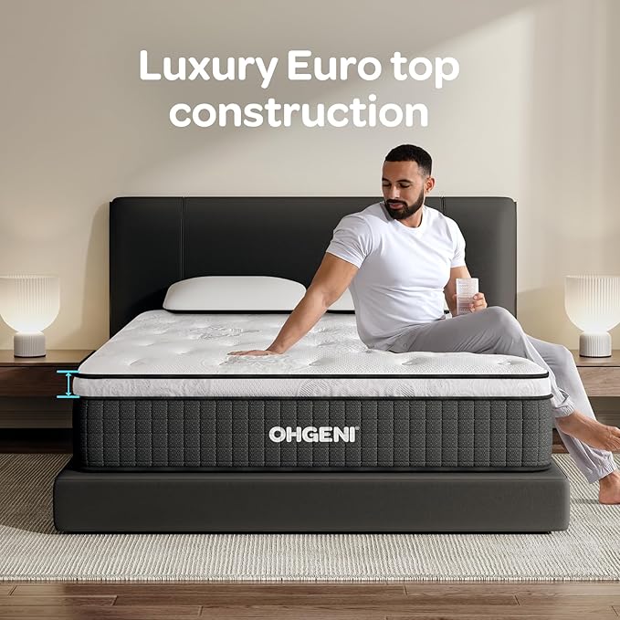 OhGeni 14 Inch Cooling Queen Size Mattress, Hybrid Gel-Infused Memory Foam Bed Mattresses in a Box, Medium Feel Cool Top Fabric, Individual Pocket Innerspring, 3-Zone Design & Reinforced Edge Support