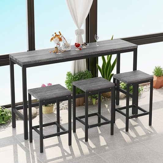 Harper & Bright Designs 4-Piece Dining Table Set, 60.2" L Solid Wood Dining Table with 3 Stools and Metal Frame for Kitchen Dining Room, Antique Grey