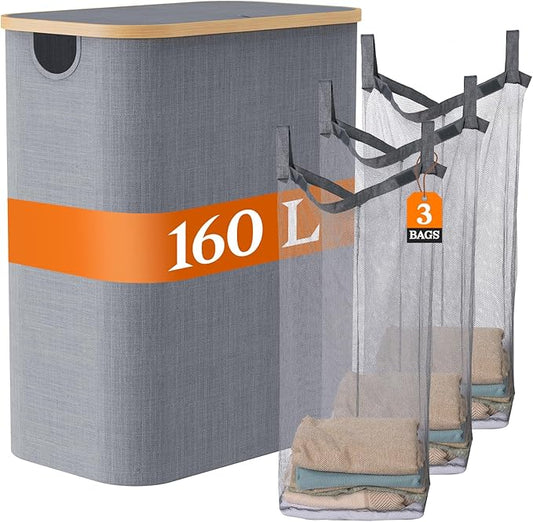 Foldable Laundry Hamper with Lid, Double Laundry Hamper, 3 Section Extra-large Laundry Basket with Bamboo Handles for Bathroom, Bedroom & Laundry Room, 160L Grey