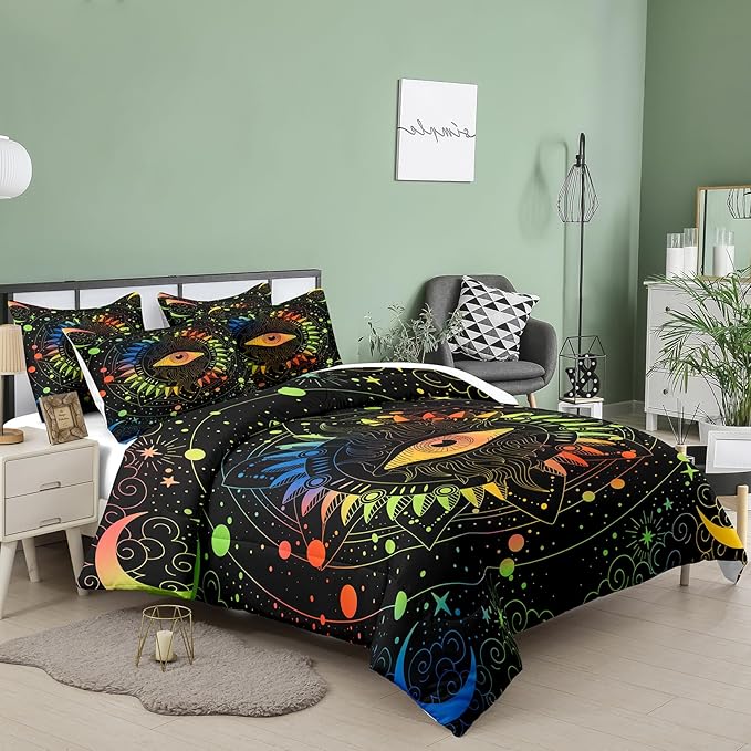 Tailor Shop Celestial Bedding Set Full Size,Sun and Moon Bedding Set for Boys Girls Kids Teens, Gothic Comforter Set Witchy Comforter Boho Exotic Black Bed with 2 Pillowcases