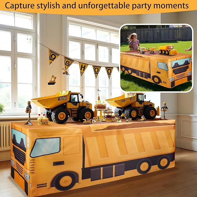 8Ft Construction Vehicle Table Cloth,Construction Birthday Decorations for Kids' Boys' Party Decorations, Baby Shower Birthday Party Supplies