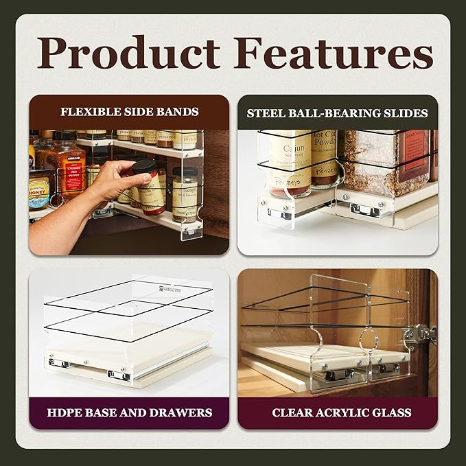 Vertical Spice - Sliding Spice Rack Organizer for Cabinets - Pull Out Shelves for Upper Kitchen Cabinets - Cabinet Organizer/Storage - USA Made - 2 Tiers - 3.45" x 10.75" x 10.6"(Cream, Assembled)