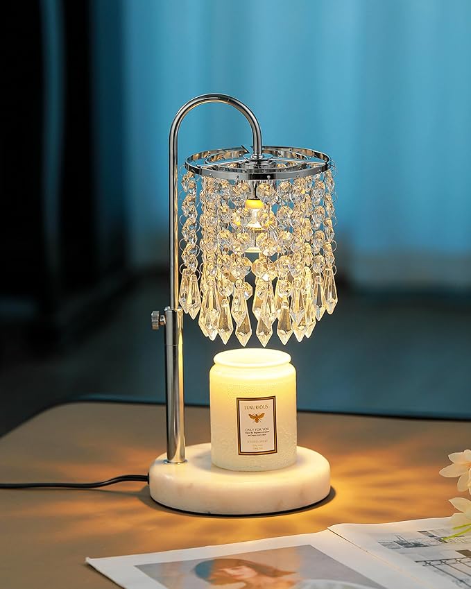 Candle Warmer Lamp with Timer Dimmer and 3 Bulbs, Candle Lamp Warmer with Marble Base for Adjustable Height, Crystal Candle Lamp for Jar Candles, House Warming Gifts Home Room Decor, Silver