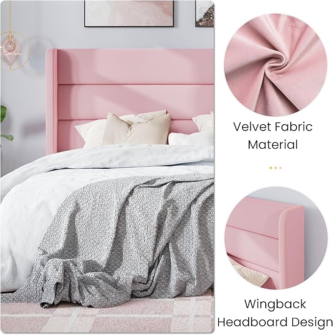 SHA CERLIN Full Size Velvet Bed Frame/Vertical Channel Tufted Wingback Headboard/Upholstered Platform Bed with Wooden Slats/Mattress Foundation/No Box Spring Needed/Easy Assembly/Pink
