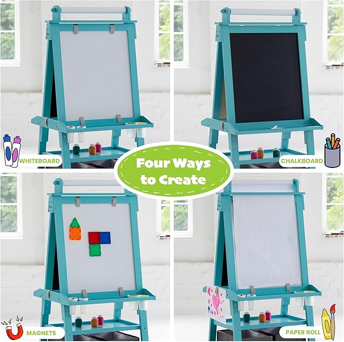 Little Partners Learn 'N Play 2-Sided Art Easel for Painting, Magnetic Dry Erase & Chalkboard, Kids Art Supplies, Toddler Arts & Crafts (Turquoise)