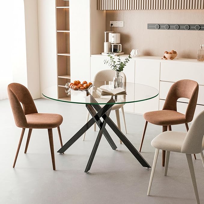 47.24" Round Glass Dining Table Modern Kitchen Glass Top Table for 6 with Black Metal Legs, Clear Dining Table Kitchen Table for Home Office Dining Room