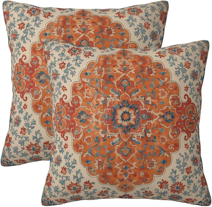 Burnt Orange Blue Boho Pillow Covers 18x18 Inch Set of 2, Vintage Ethnic Carpet Rust Floral Decorative Throw Pillow Cases Fall Outdoor Rustic Cushion Covers Home Decor for Living Room Sofa Couch Bed