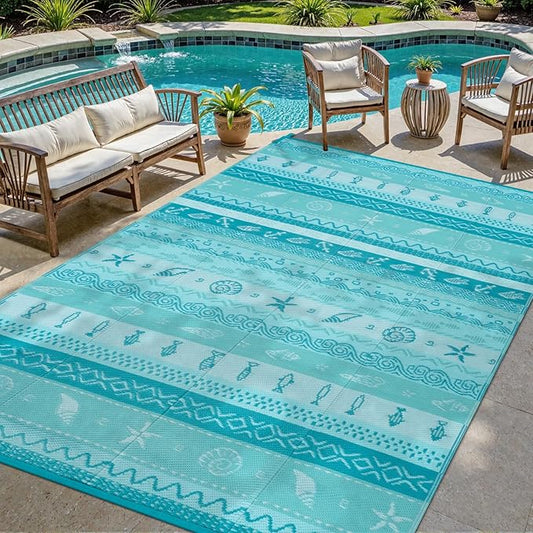 Lahome Outdoor Rug Waterproof, 5x8ft Reversible Outdoor Plastic Straw Rug for Camping, RV Patio Rugs Outside Carpet for Porch Deck Backyard Balcony Picnic(Blue/Multi,5'x 8')