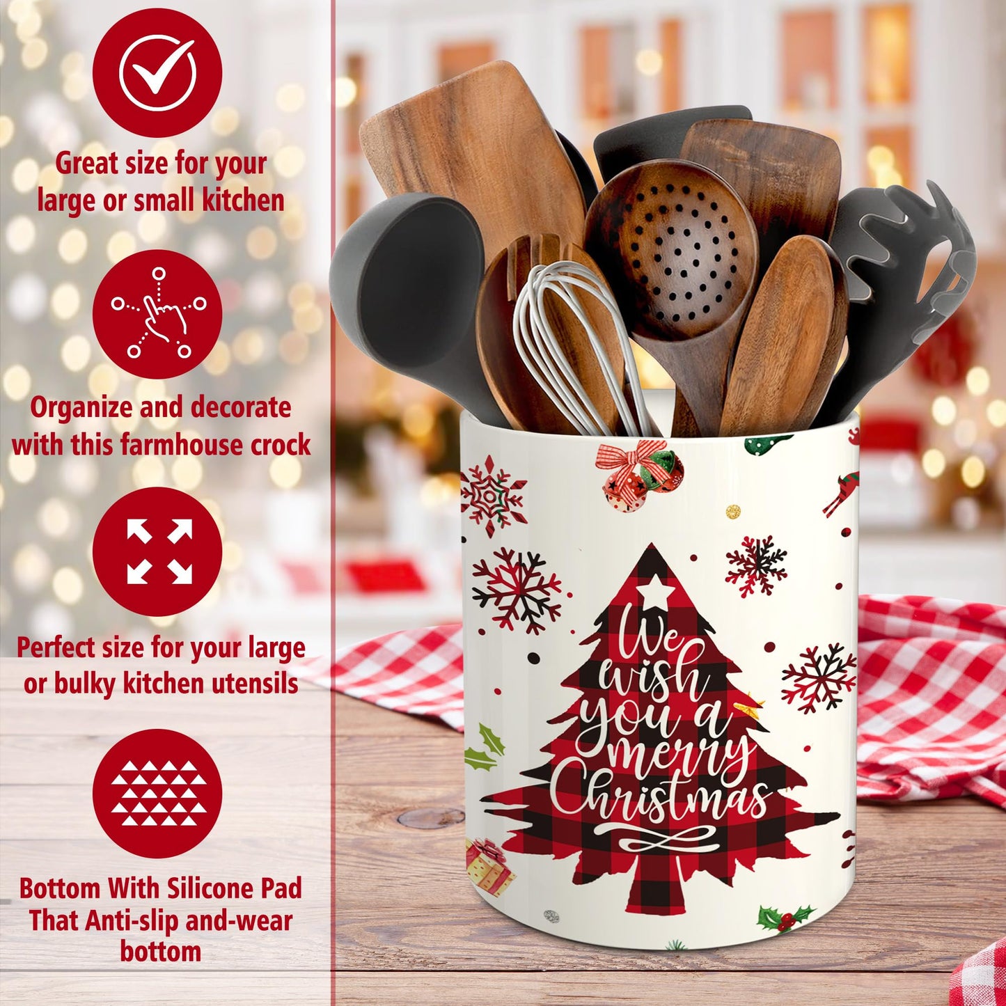 Hexagram Christmas Kitchen Decor Ceramic Utensil Holder, Cute Red Christmas Tree Utensils Holder, Xmas Ceramic Utensils Crock for Rustic Farmhouse Indoor Kitchen Decorations(6.3 Inches)