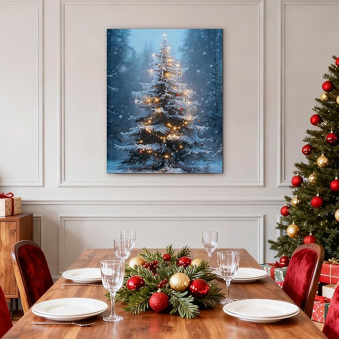 Framed Christmas Pictures Wall Decor,Vintage Pine Tree Prints,Winter Christmas Canvas Wall Art Decoration for Bedroom Bathroom Living Room Rustic Xmas Holiday Gifts (Christmas Tree 15, 12'' X 16'')