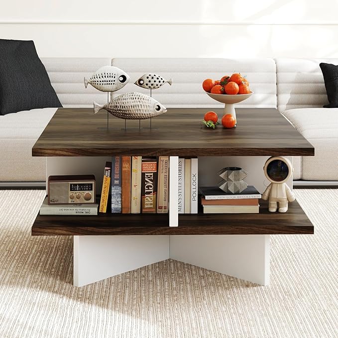 GOFLAME Farmhouse Coffee Table with Storage, 2-Tier Square Center Table with 4 Storage Compartments & Cross-Shape Base, Modern, Wood Tea Tables for Living Room, Lounge, Walnut + White
