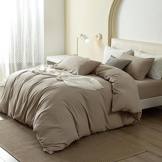 JIYUAN 100% Washed Cotton Duvet Cover Set 3 Pieces Super King, 1 Duvet Cover 108x98 Inches(Comforter Not Included) and 2 Pillowcases,Linen Feel Bedding Set Comfy and Breathable,Khaki