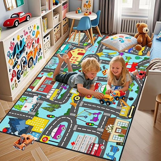 Car Track Rug - Car Rugs for Kids Toy Cars City Life Road Rug for Large Kids Play Mat for Boys Girls Playroom Living Room Bedroom Classroom, 5'×7'