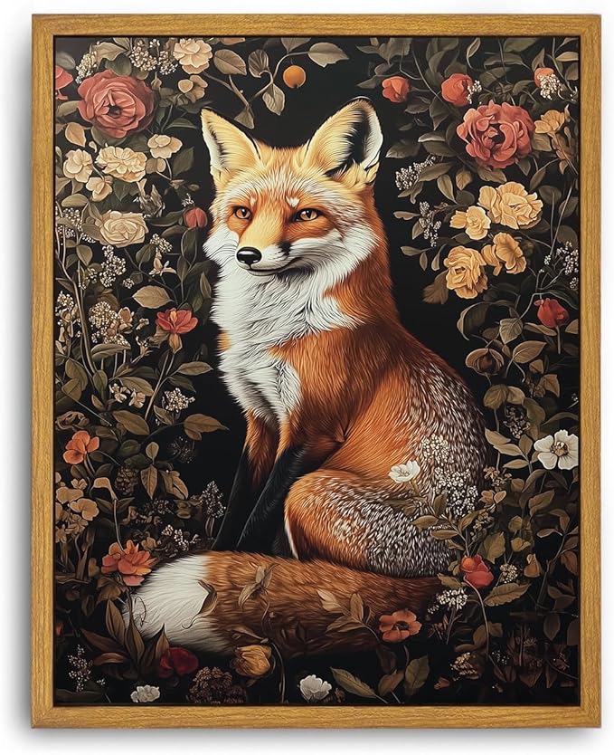 Djmwtb William Morris Framed Wall Art Fox Canvas Wall Art Prints Vintage Animal Painting Boho Flower Floral Botanical Pictures Artwork for Living Room Bedroom Office 12x16in