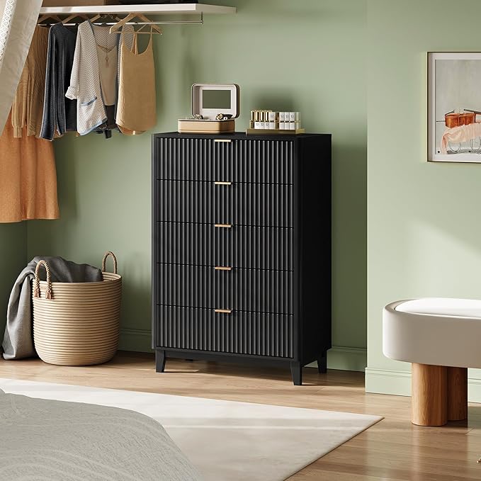 WLIVE Fluted Dresser for Bedroom with 5 Drawers, 46.26" Tall Wood Dresser with Golden Metal Handles, Mid Century Modern Chest of Drawers for Living Room, Hallway, Closet, Solid Black