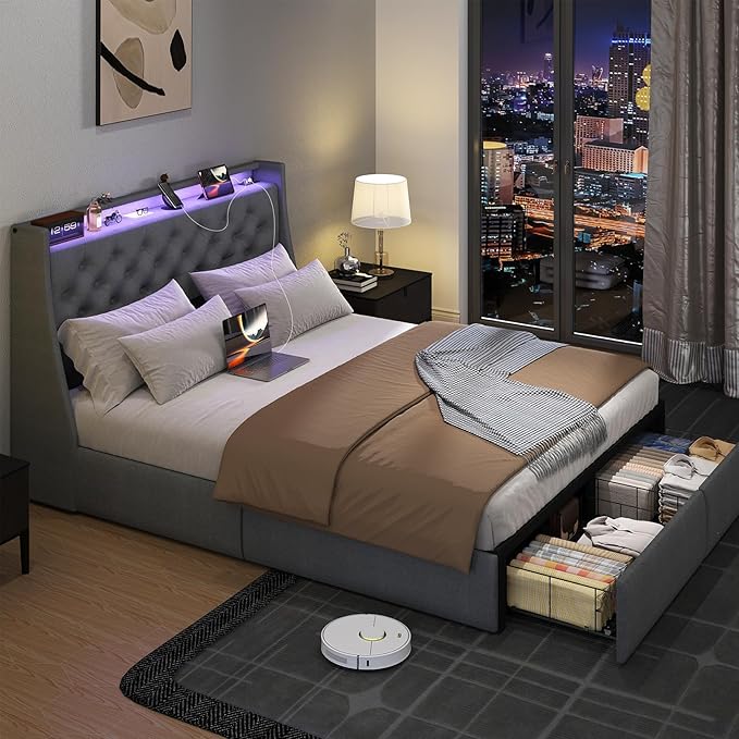 SADENICEL Queen Bed Frame with Storage Headboard and 2 Drawer, Metal Queen Size Bed Frame Platform with LED Light, Charging Station, No Box Spring Needed, Noise Free, Easy Assembly, Grey