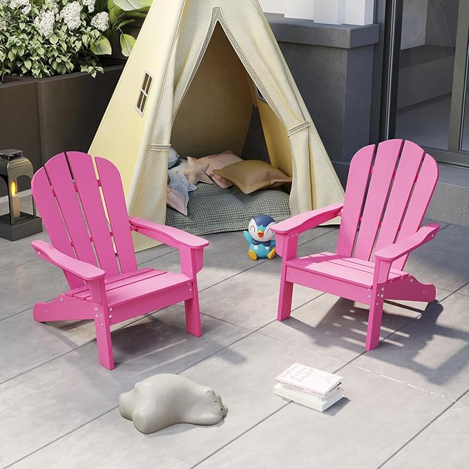 Giantex HDPE Kids Adirondack Chair - All-Weather Lawn Toddler Chair with Ergonomic Design, Children’s Outdoor Chair for Toddlers Ages 3-8, Kid’s Patio Furniture for Deck, Garden (2, Pink)