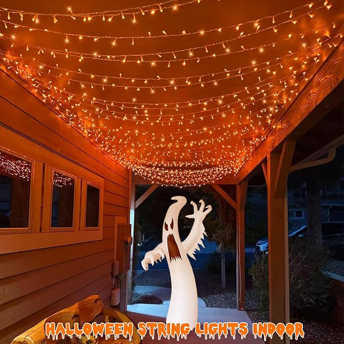 QITONG 165ft 500 LED Orange Lights for Halloween, Clear Wire String Lights Outdoor, Plug in Christmas Lights Indoor with 8 Modes