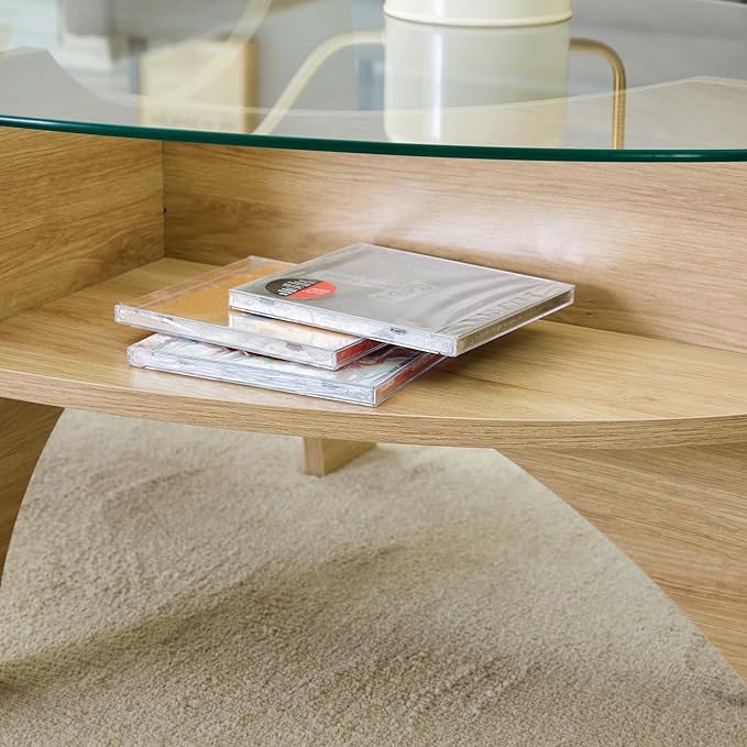 41" Oval Glass Coffee Table with Tempered Glass Top and MDF Base, Diagonal Fan-Shaped Tray Design Table Leg Simple & Modern Center Table for Living Room Office Apartment Wood
