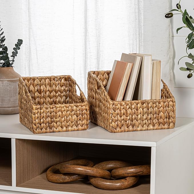 happimess BSK1007A-2SET Havanah Southwestern Hand-Woven Hyacinth Slanted Nesting Wicker Baskets with Handles, Seagrass Container for Decoration in Living Room, Bedroom, Closet, Natural (Set of 2)