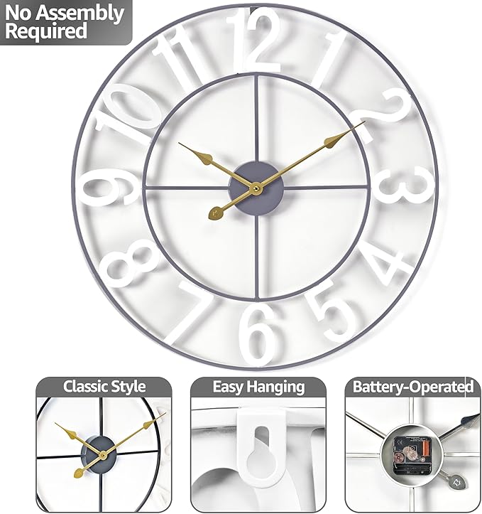 Sorbus 24-Inch Large Wall Clock – Decorative White Metal Clock with Gold Hands – Silent, Battery Operated, Modern Wall Decor for Living Room, Kitchen, or Office – Great Gift for Housewarming or Office