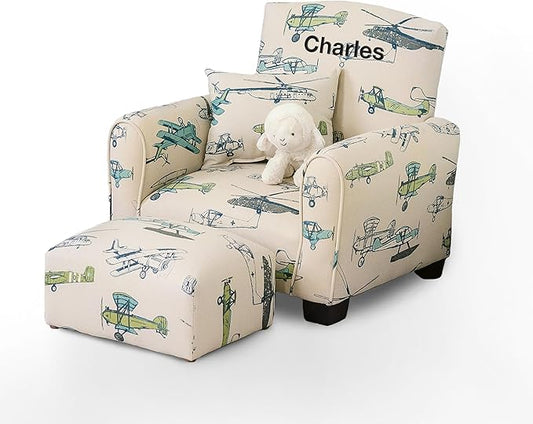 Toddler Personalized Armchair, Kids Upholstered Rocking Chair with Personalization, Toddler Chair with Personalized Name, Comfy Child Armchair, (Airplanes Print, Legs)