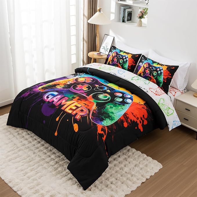 NTBED Game Console Comforter Set for Boys Girls Kids Tie Dye GamingLightweight Microfiber Gamer Bedding Sets (Multi, Full 5Pcs)