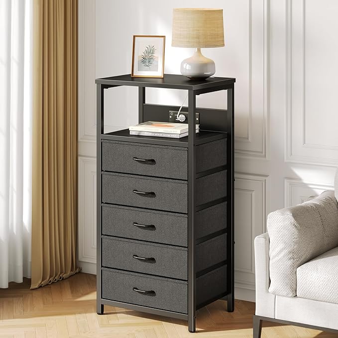Seventable Night Stand with Charging Station, Tall Nightstand with 5 Fabric Storage Drawers, Side Table with LED Light for Bedroom, Entryway, Black