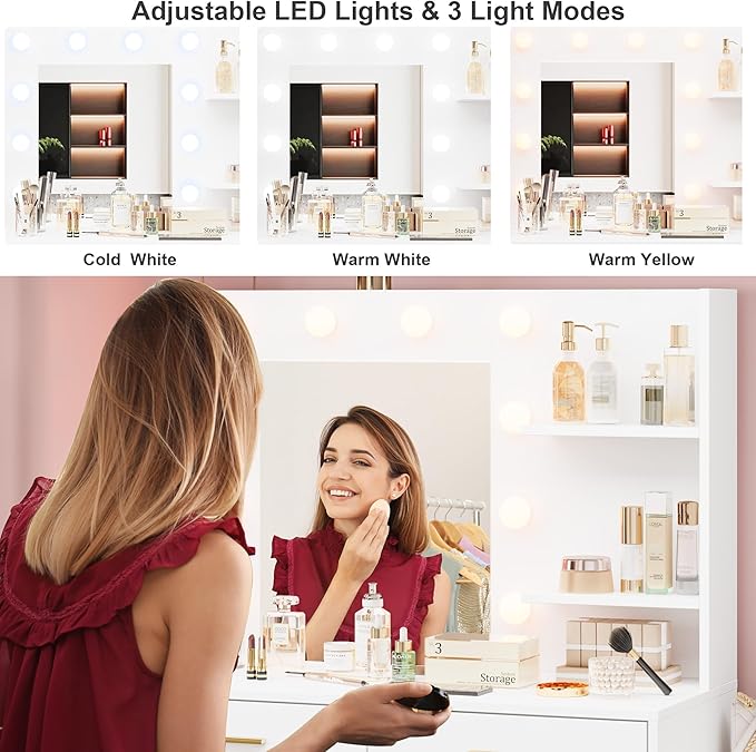 61" Vanity Desk with Mirror & Lights, White Makeup Dressing Table with 8 Drawers & 2 Shelves, 3 Lighting Modes with Adjustable Brightness for Bedroom, White
