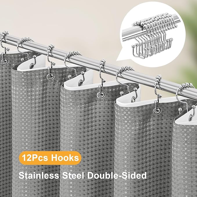 3 in 1 Shower Curtain Set, Grey Waffle Shower Curtain and PEVA Liner Set with 12 Stainless Steel Shower Curtain Hooks, Gray Waterproof Fabric Shower Curtains for Bathroom, 72 W x 72 H