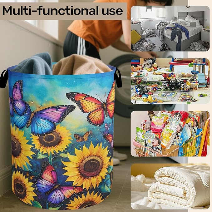 Butterfly Sunflower Laundry Basket - Heavy Duty 60L Dirty Clothes Organizer, Water Resistant Foldable Hamper for Men Women