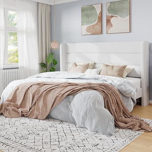 SHA CERLIN King Size Velvet Bed Frame/Vertical Channel Tufted Wingback Headboard/Upholstered Platform Bed with Wooden Slats/Mattress Foundation/No Box Spring Needed/Easy Assembly/White