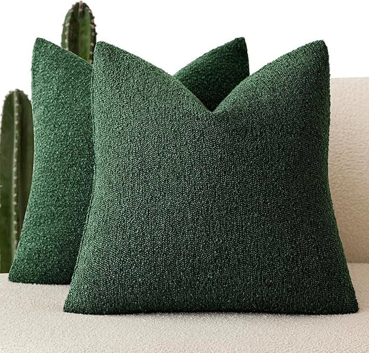 Foindtower Set of 2, Decorative Textured Boucle Throw Pillow Covers Accent Solid Pillow Cases Neutral Cozy Couch Cushion Case for Chair Sofa Bedroom Living Room Home Decor 24x24 Inch Pine Green
