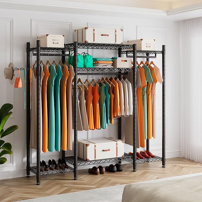 PUNION Heavy Duty L Shaped Clothes Rack with 7 Shelves, Sturdy Metal Wardrobe Closet Rack for Hanging Clothes, 56" L x 14" W x 71" H, Max Load 520lbs, Black