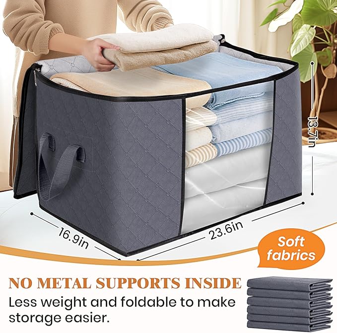 Fab totes 90L Clothes Storage, Foldable Thick Fabric Blanket Storage Bags, Containers for Organizing Bedroom, Closet, Clothing, Comforter, Organization with Handle (4 Pack,Grey)