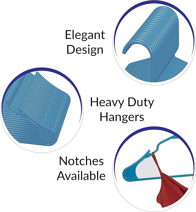 Royale Linens 60 Pack Blue Plastic Hangers for Clothes - Heavy Duty Clothes Hanger for Everyday Use - Lightweight & Space Saving Notched Plastic Hangers