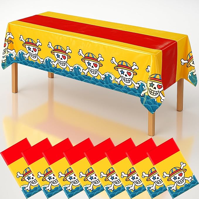 8Pcs 2in1 Straw Hat Skull Birthday Party Decorations Tablecloth, 54" x 108" Table Cloth Disposable Rectangle Plastic Table Cover for Kids Baby Shower Party Supplies