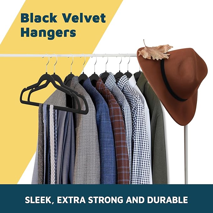 Velvet Clothes Hangers – With 360 Degree Swivel Hook and Non-Slip Shoulder Notch, Holds Up To 10 lbs, Heavy Duty Hanger Set, For Organizing Suit, Dress, Coat, and Clothes, Pack of 10, Black